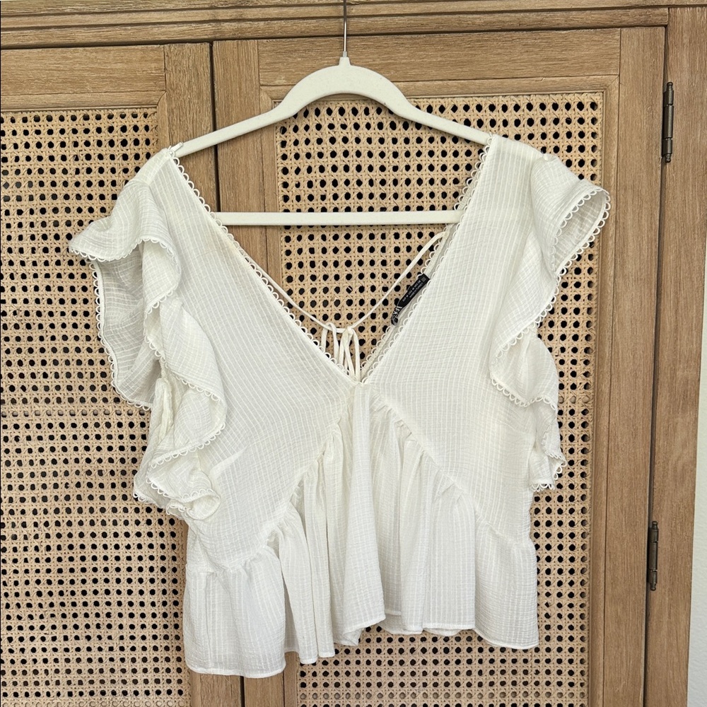 Zara White Ruffled V-Neck Top